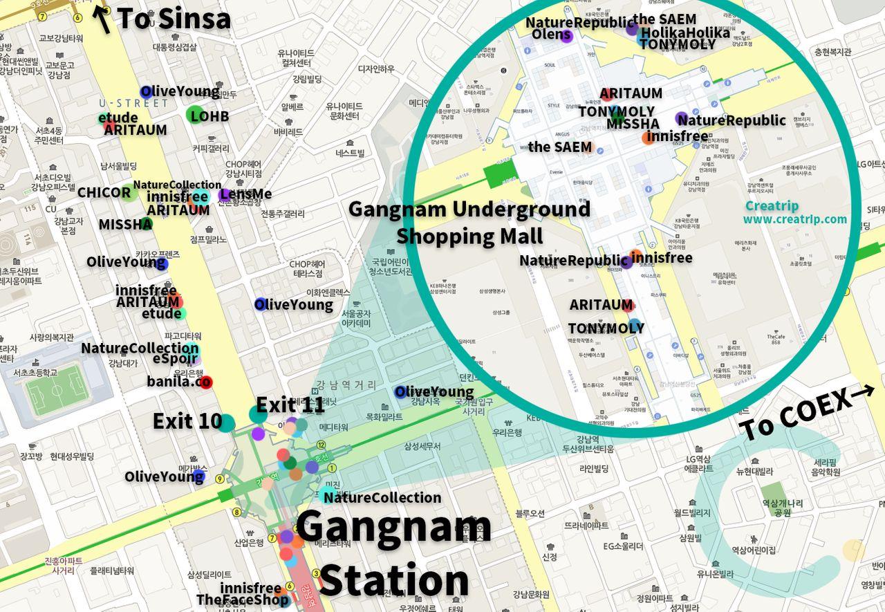 Gangnam shopping area map featuring major shopping centers and brand stores conveniently located around Gangnam station.